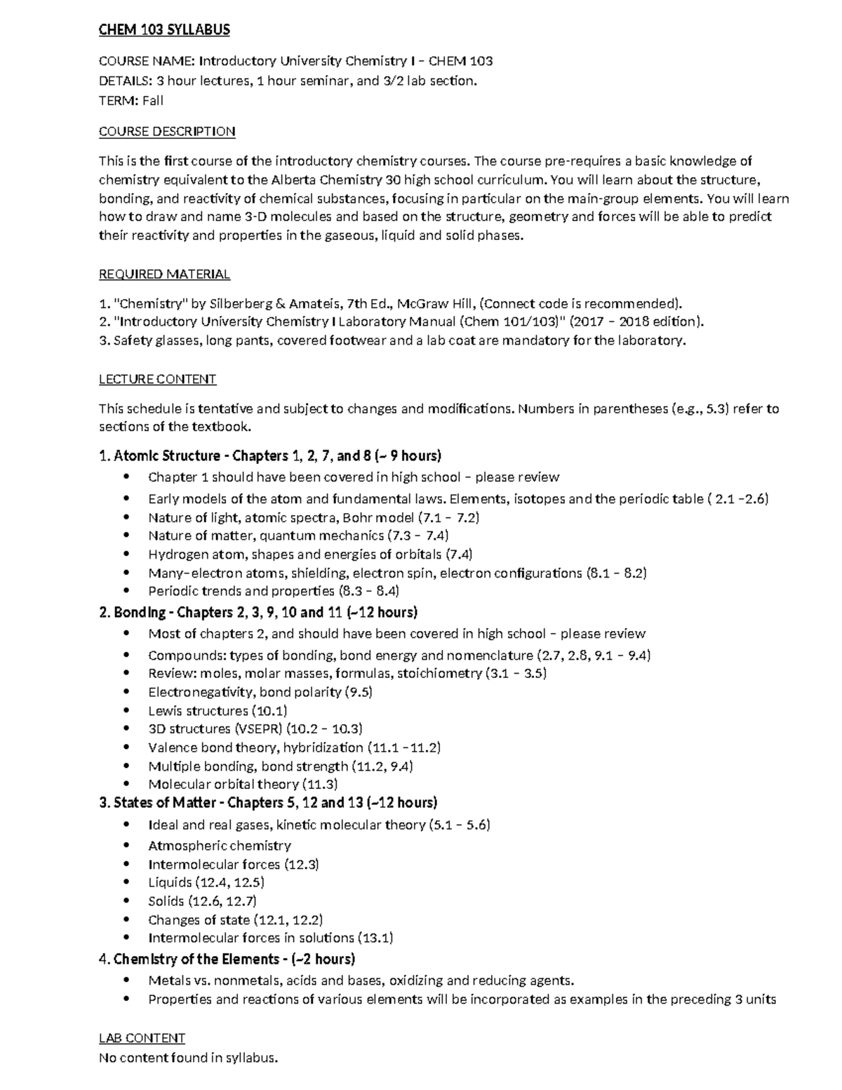 CHEM 103 - Introductory University Chemistry I Syllabus Fall 2023 - Studocu