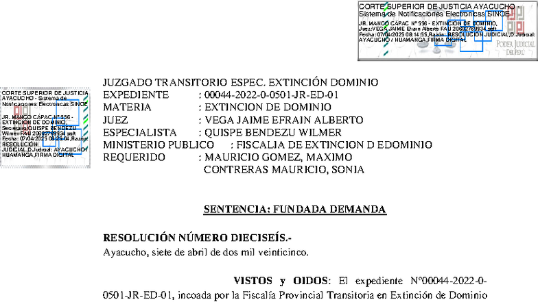Sentencia sobre Extinción de Dominio en el Caso Contreras Mauricio ...