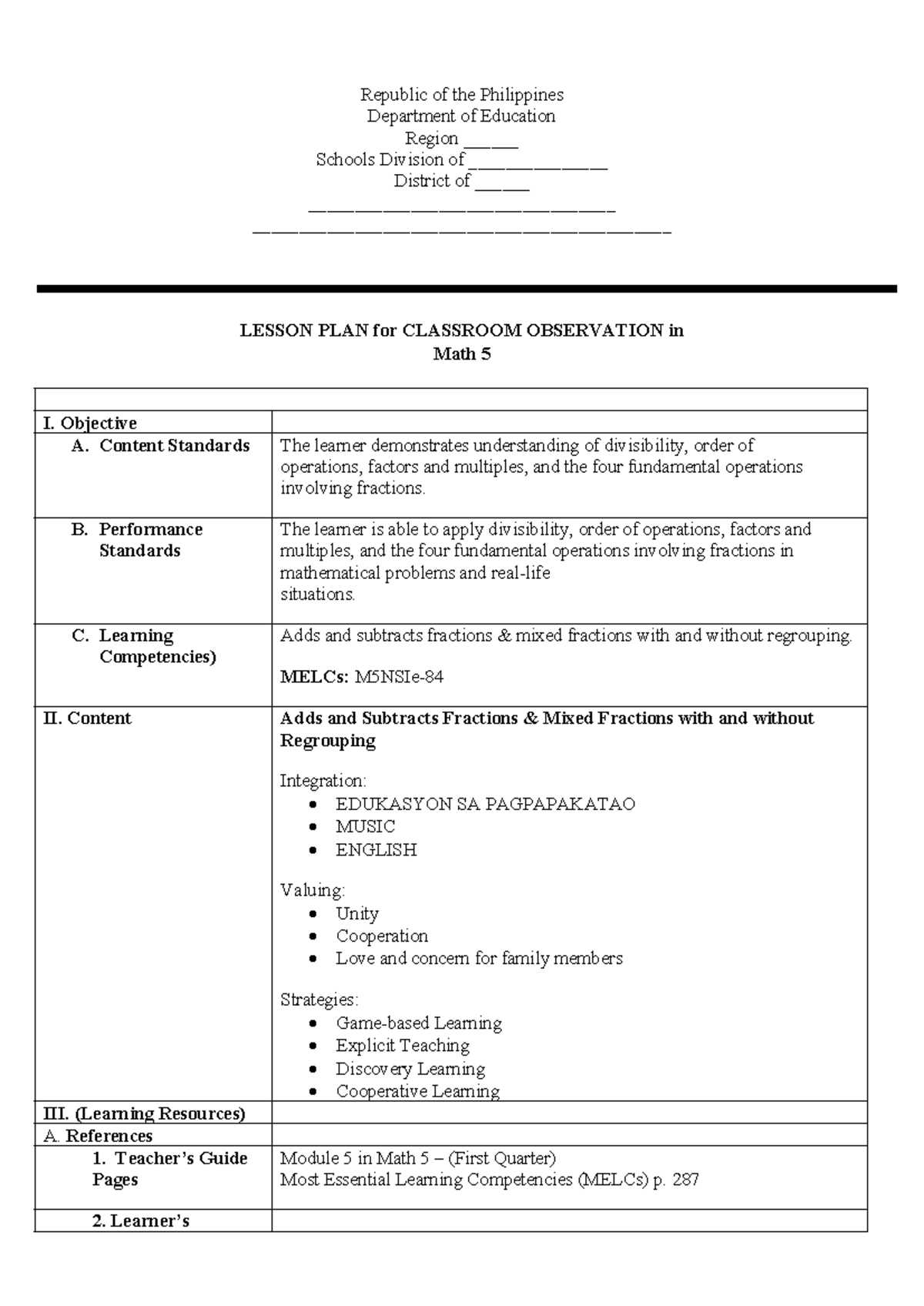 Math 5 Lesson Plan: Classroom Observation on Fractions - Studocu