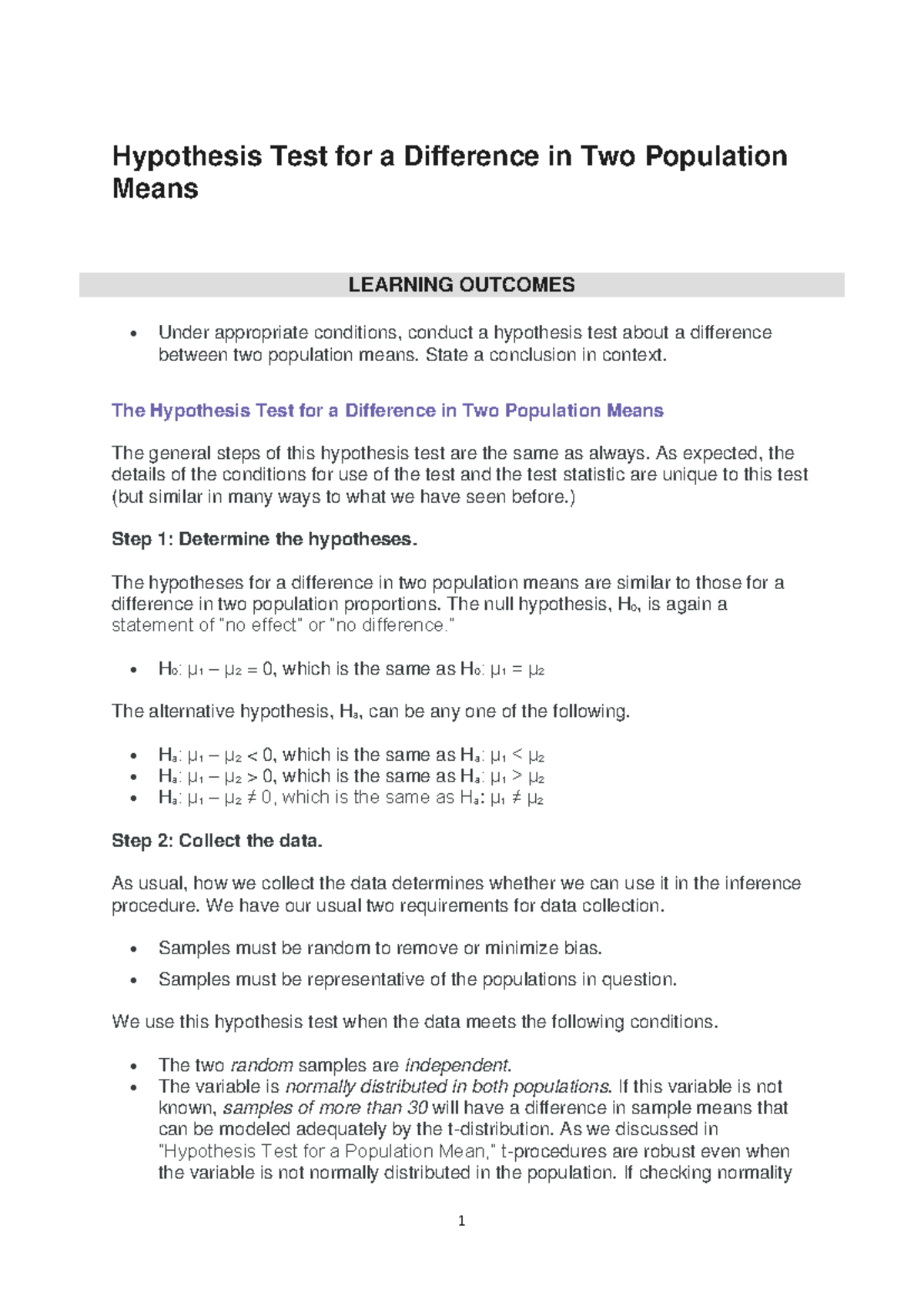 Lecture Notes Chapter 9 Hypothesis Test for a Difference in Two ...