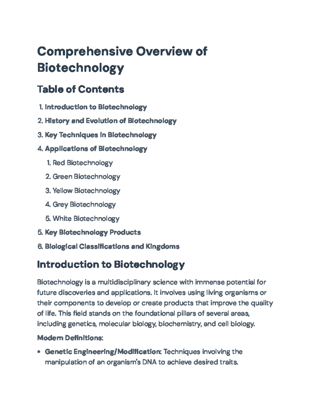 Comprehensive Overview of Biotechnology (Course Code: BIO101 ...