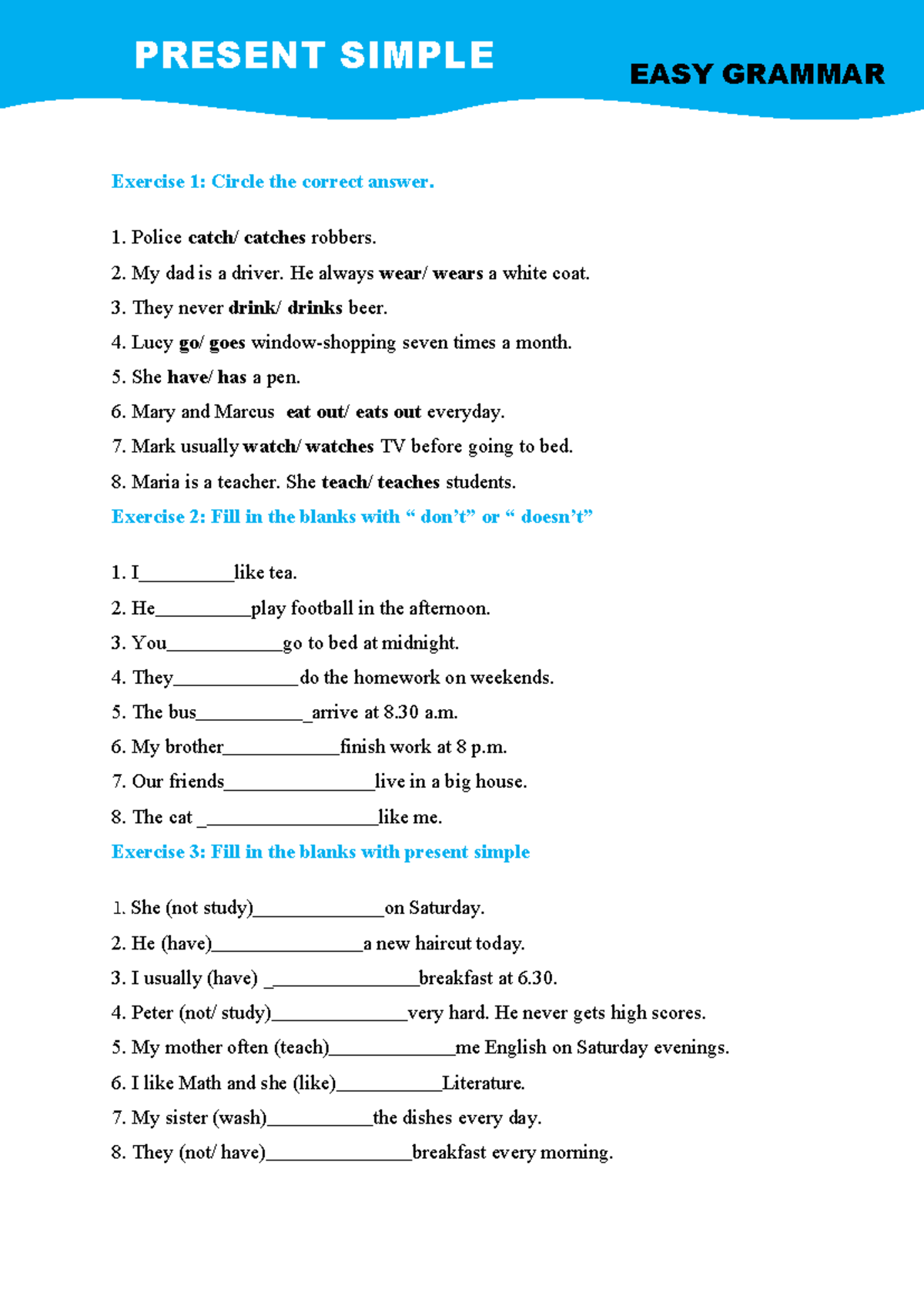 Worksheet 1 - reg - PRESENT SIMPLE EASY GRAMMAR Exercise 1: Circle the ...