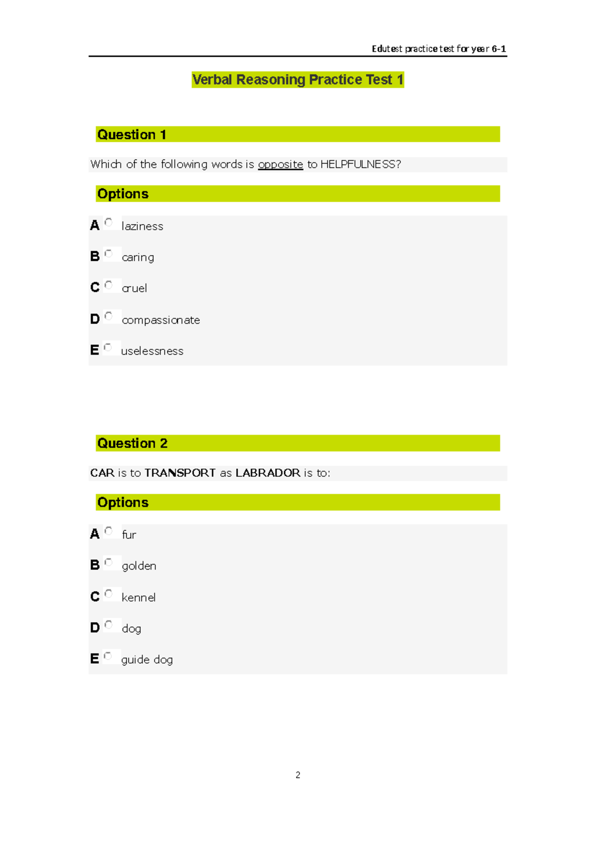 Edutest Practice Test - Year Verbal Reasoning Questions and Answers ...