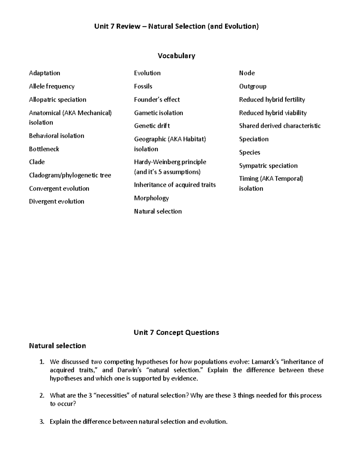 U7 Study Guide: Natural Selection & Evolution Concepts Review - Studocu