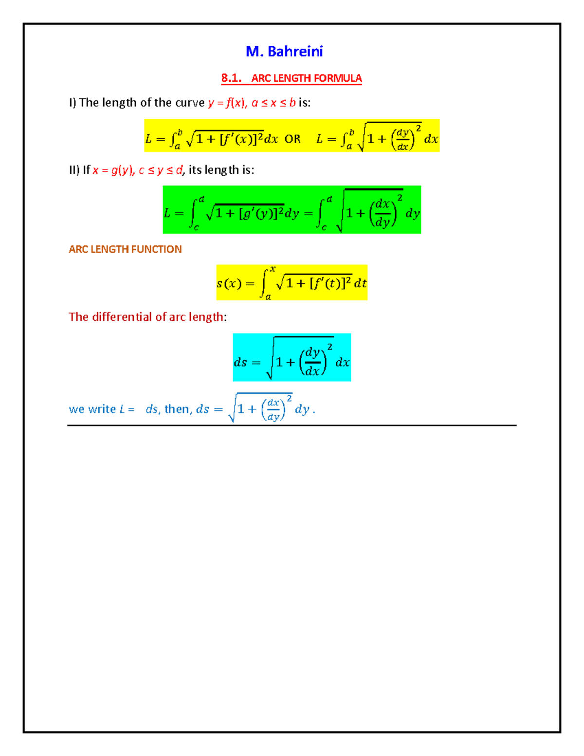 8.1 Arc Length Formula - Class Notes for M. Bahreini - Studocu