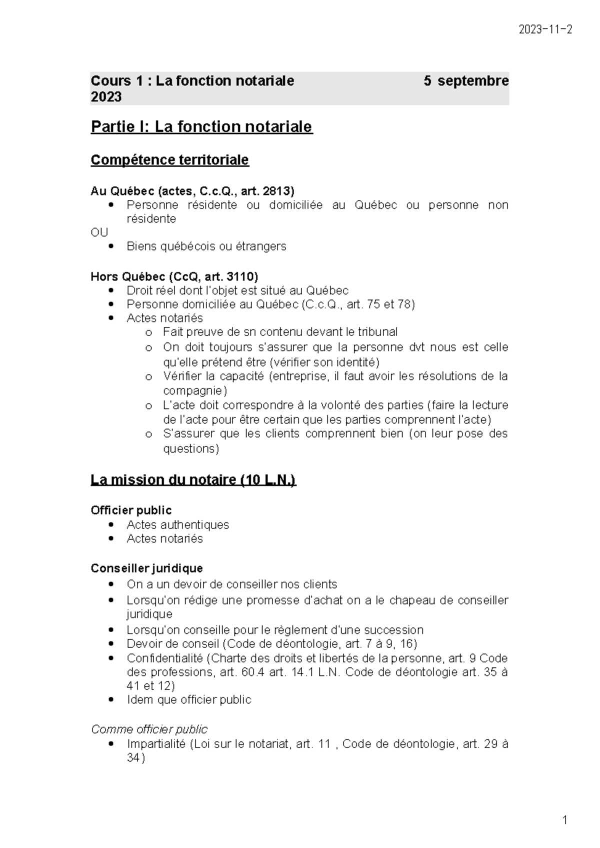 Notes de Cours - Pratique Notariale (Cours 1 & 3) - Studocu