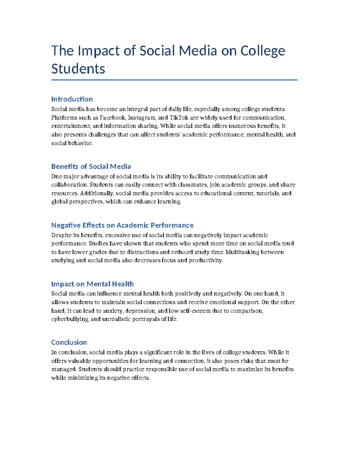The Impact of Social Media on College Students: A Study - Studocu