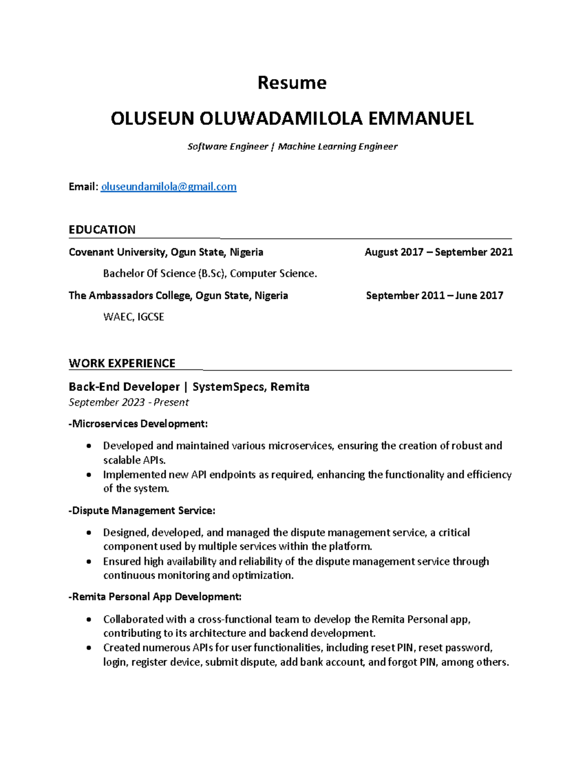 Oluseun Oluwadamilola Emmanuel CV - Resume OLUSEUN OLUWADAMILOLA ...