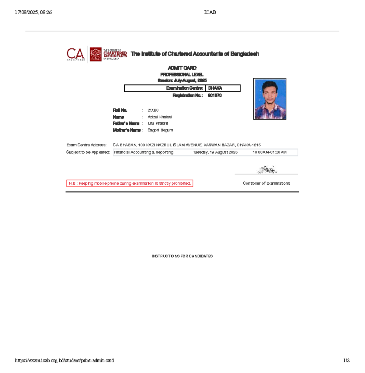 08:26 ICAB Admit Card - Professional Level Exam 2025 - Studocu