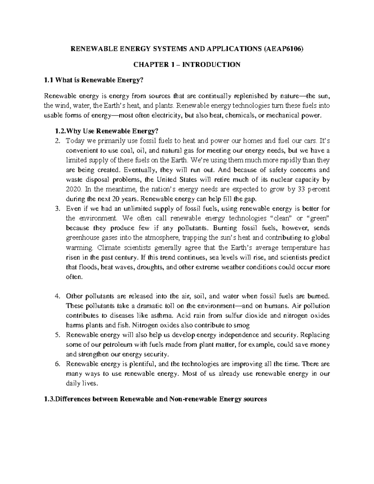 AEAP6106 Renewable Energy Systems: Chapter 1 Overview and Applications ...