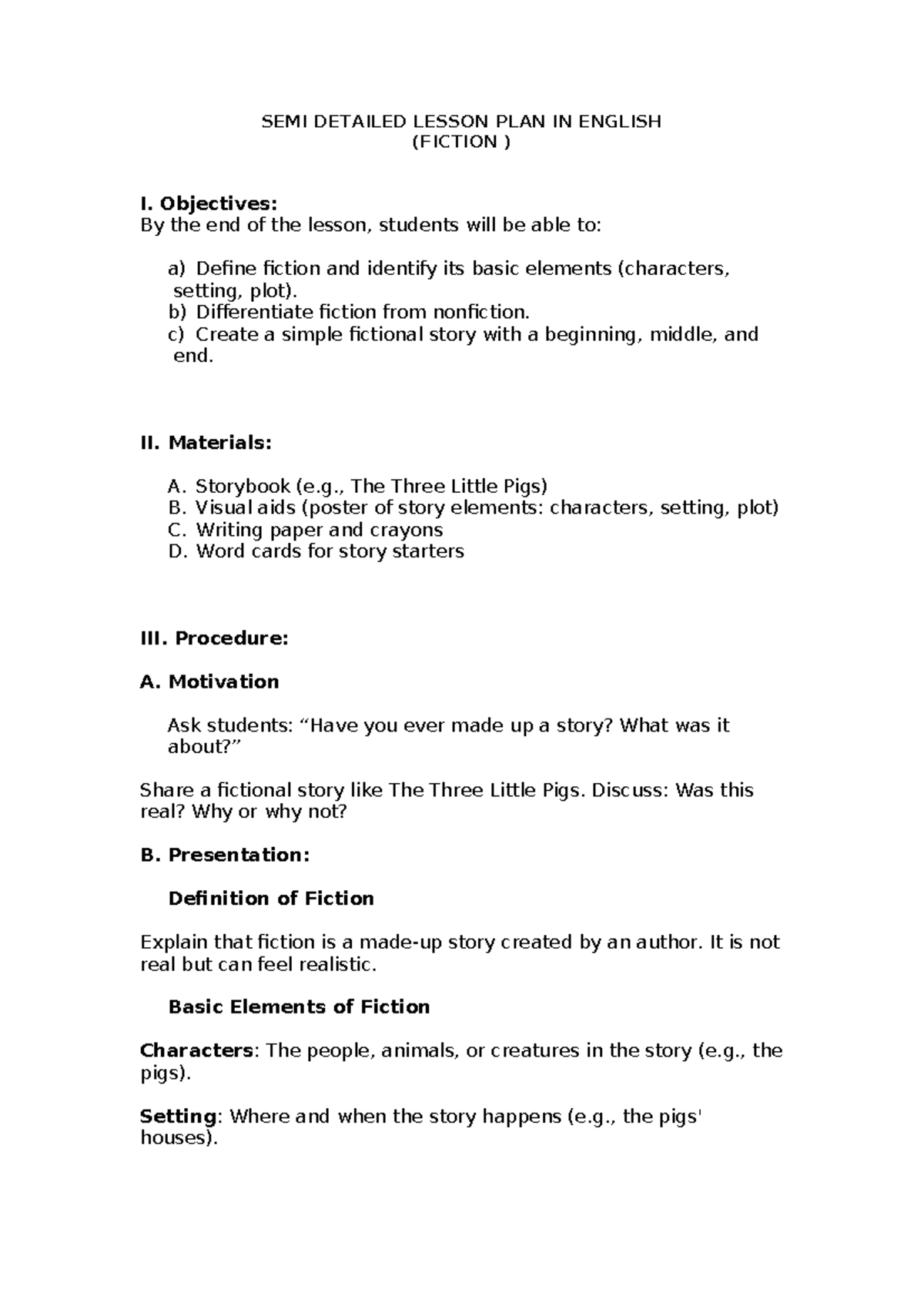 SEMI DETAILED LESSON PLAN IN ENGLISH (FICTION) - Studocu