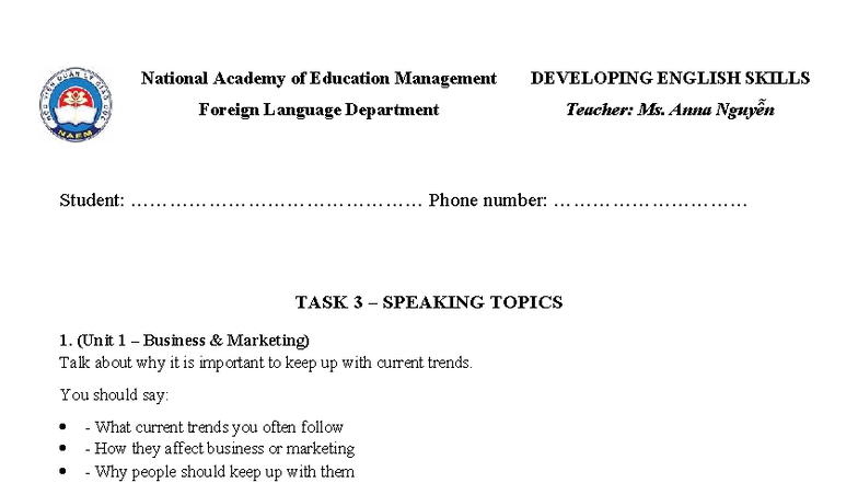 Speaking 3 - Revision for final assignment - National Academy of ...