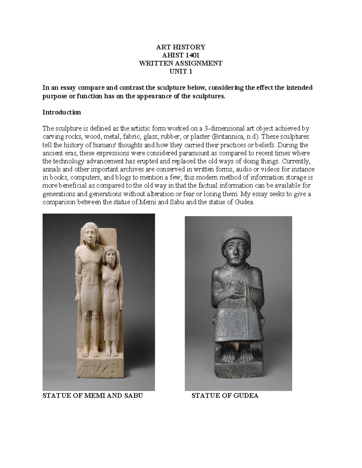 ART HISTORY AHIST 1401 WRITTEN ASSIGNMENT UNIT 2: Sculpture Comparison ...