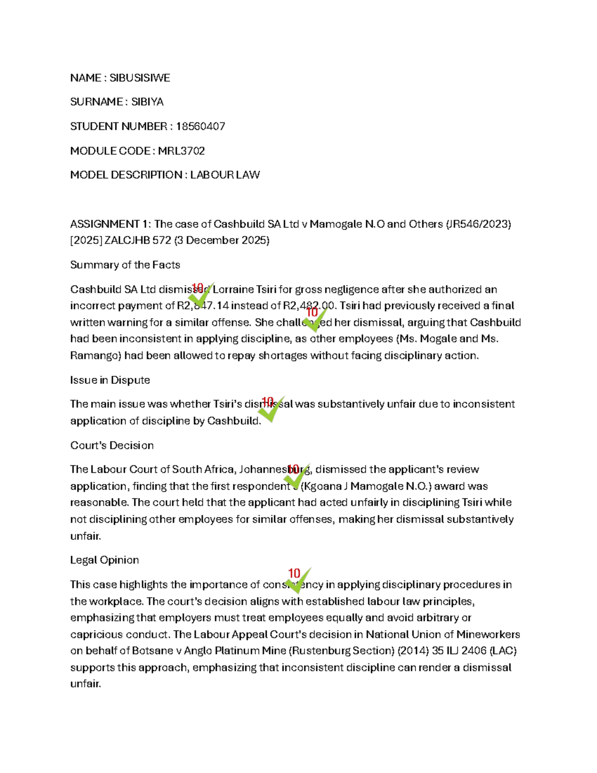 MRL3702 Labour Law Assignment 1: Cashbuild SA Ltd v Mamogale N.O Case ...