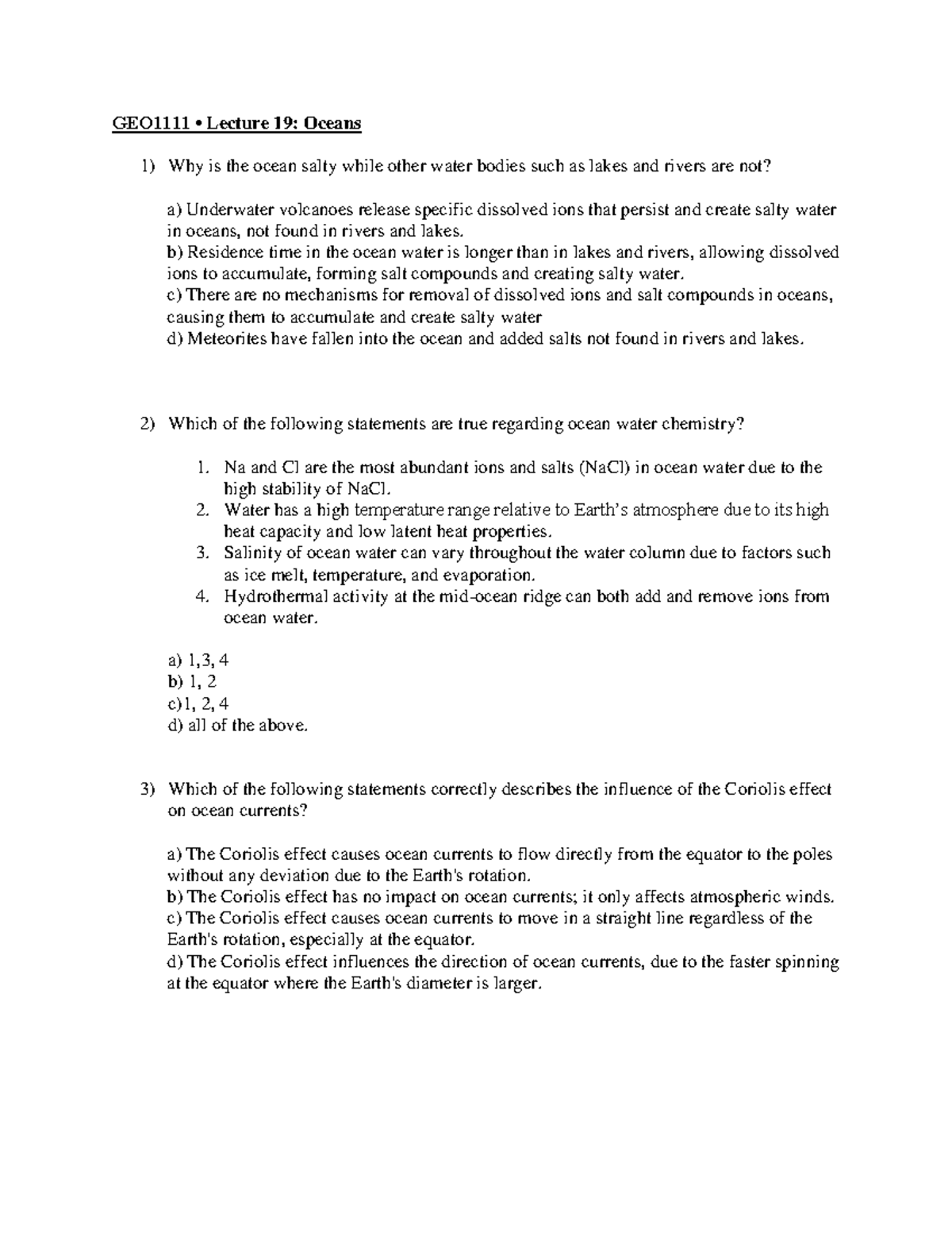 Lecture 19 Q - Practice questions - GEO1111 • Lecture 19: Oceans Why is ...