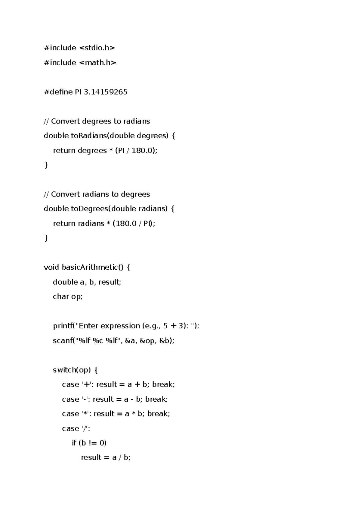 C code calculator: scientific and trigonometric functions (PI) - Studocu