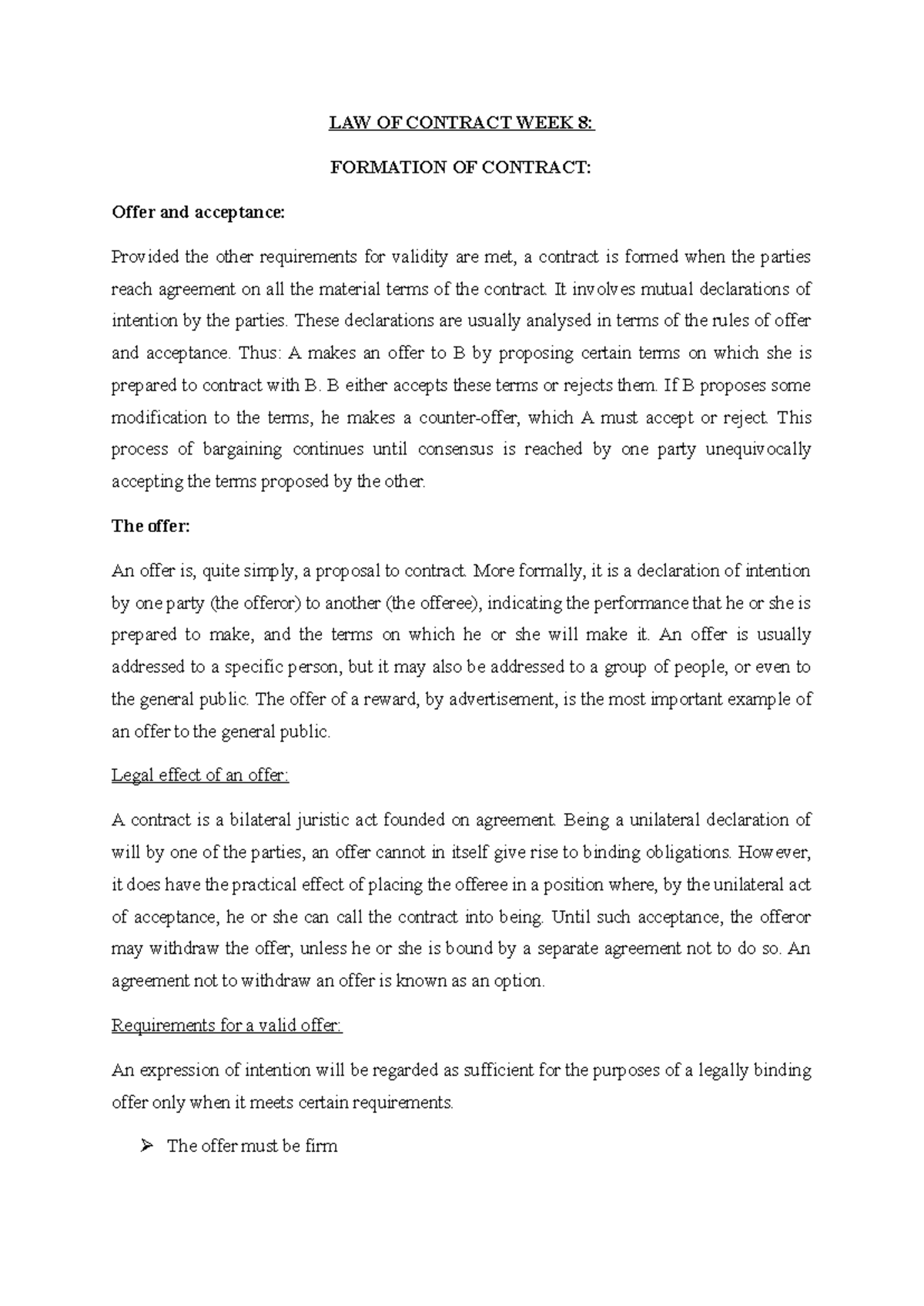 LAW OF CONTRACT: WEEK 8 - OFFER AND ACCEPTANCE PRINCIPLES - Studocu