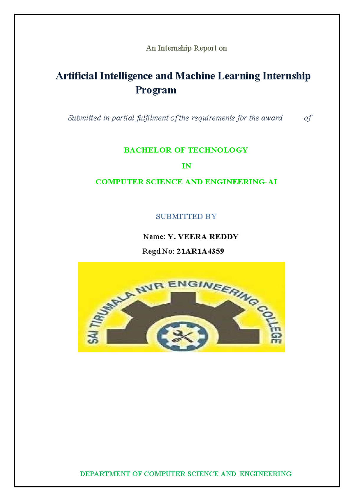 AI & ML Internship Report - B.Tech CSE-AI - Regd: 21AR1A - Studocu