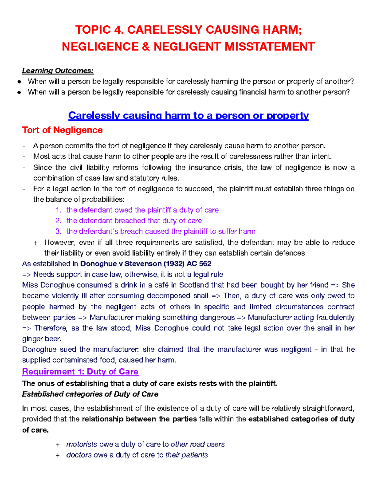 LAW2442 - Carelessly Causing Harm, Negligence and Negligence ...