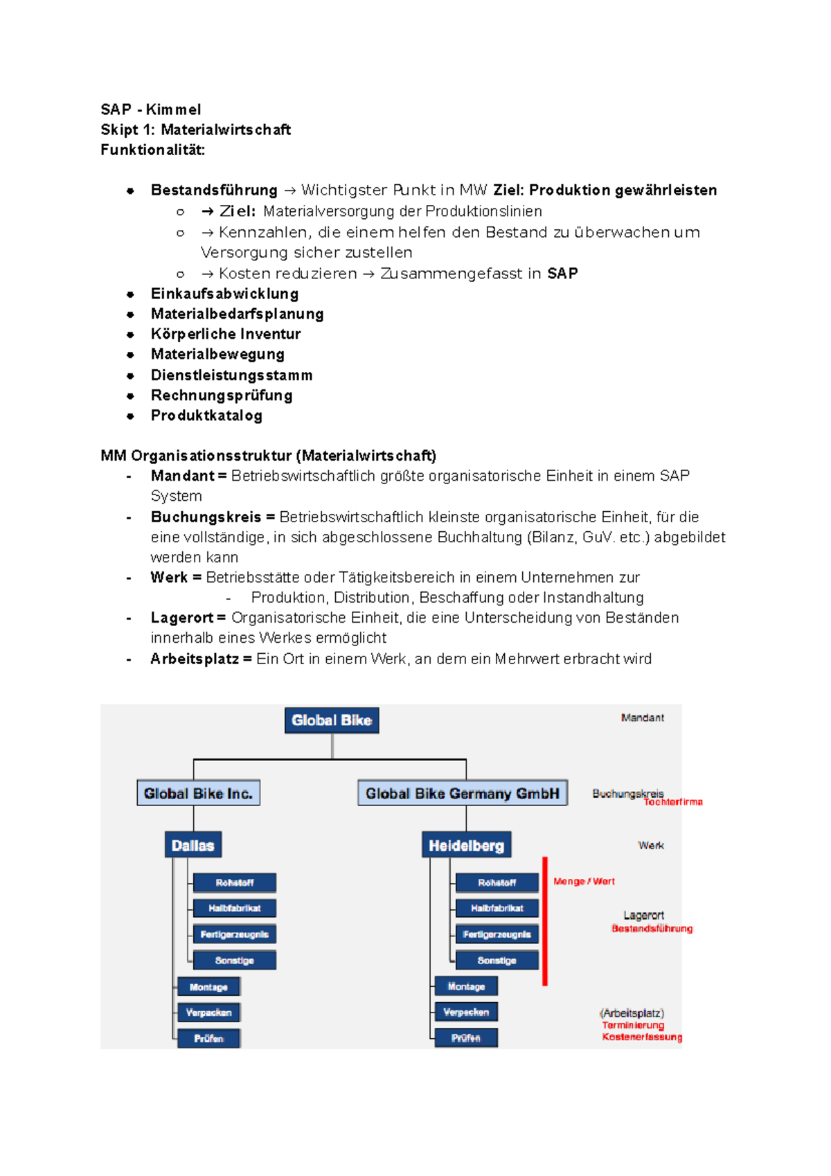 SAP - Kimmel Zusammenfassung: Materialwirtschaft und  MM-Organisationsstrukturen - Studocu