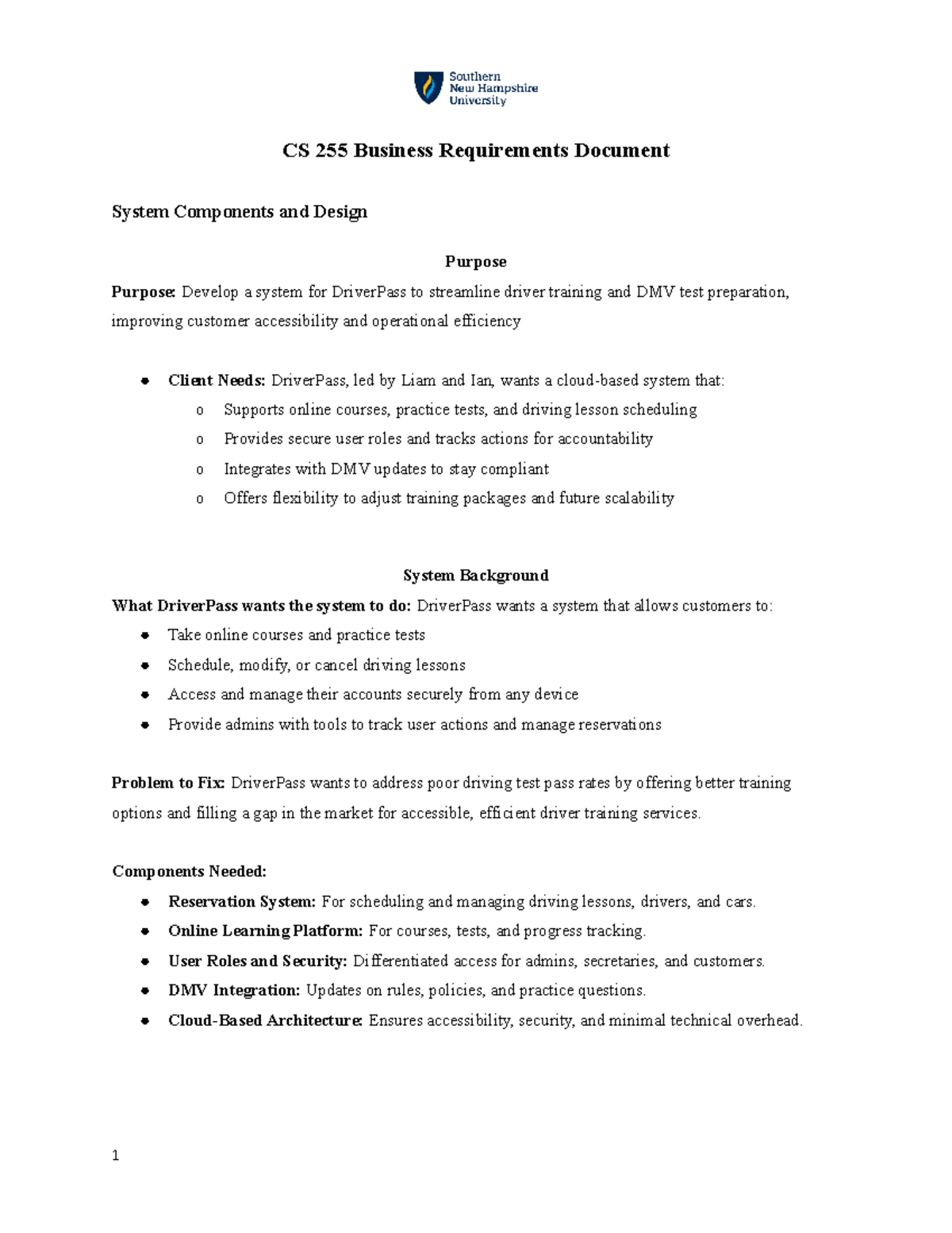 CS 255 Module One Business Requirements Document - CS 255 Business ...