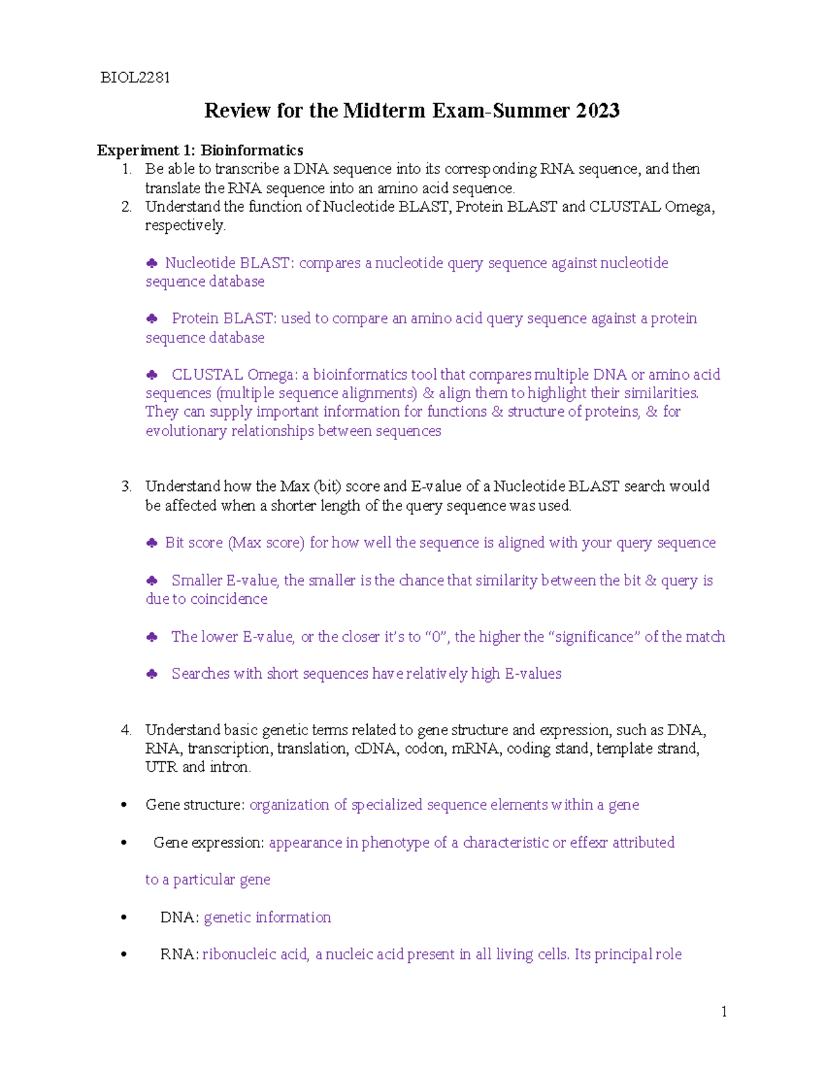 Midterm Review E1 E5 BIOL2281-Summer 2023 - Review for the Midterm Exam ...