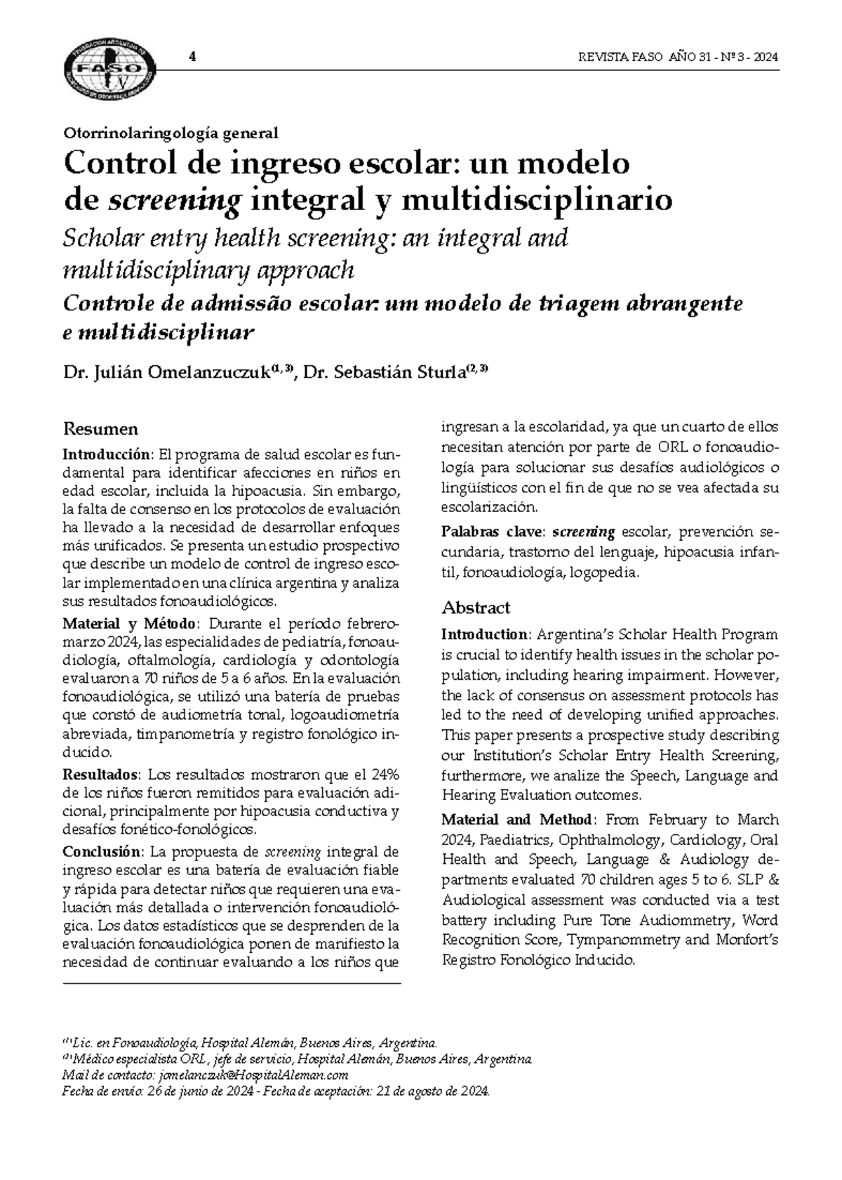 Control de Ingreso Escolar: Modelo de Screening Integral (4 REVISTA ...