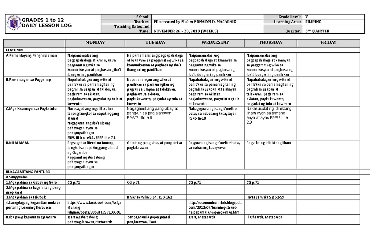 DLL Quarter 3 Week 9 Filipino 5 - GRADES 1 to 12 DAILY LESSON LOG ...