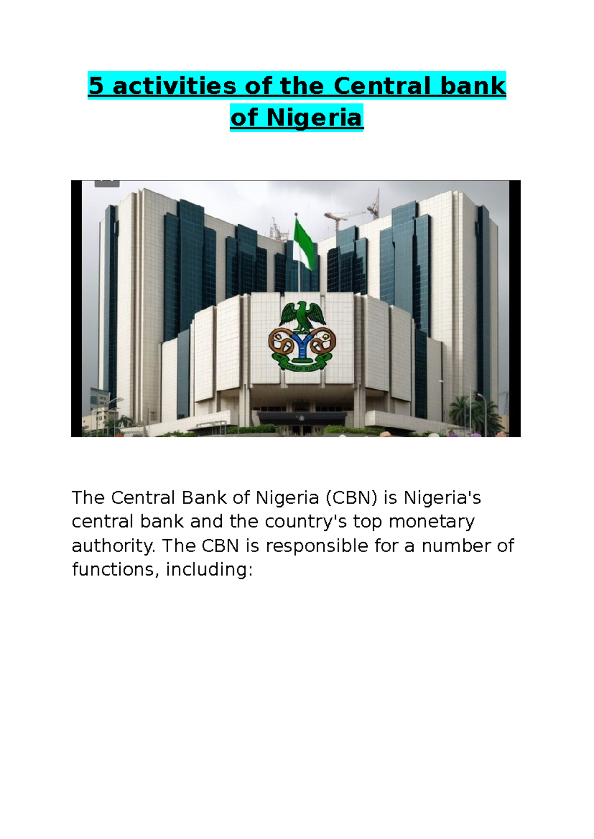 CBN 101 5 Key Functions of the Central Bank of Nigeria Explained Studocu CBN 101 5 Key Functions of the Central Bank of Nigeria Explained Studocu
