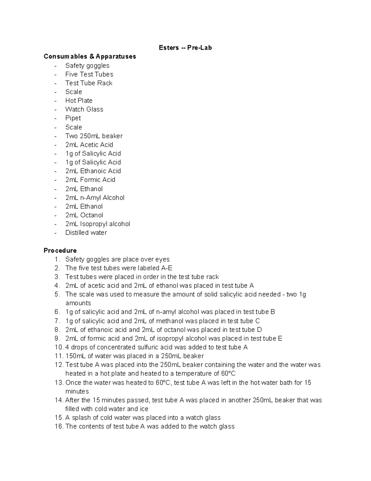 Esters - Pre-Lab Notes for Chemistry Experiment - Studocu