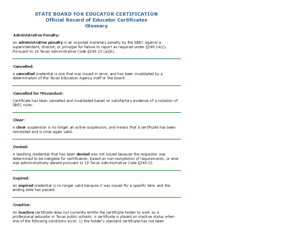 SBEC Official Record of Educator Certificates Glossary - Studocu