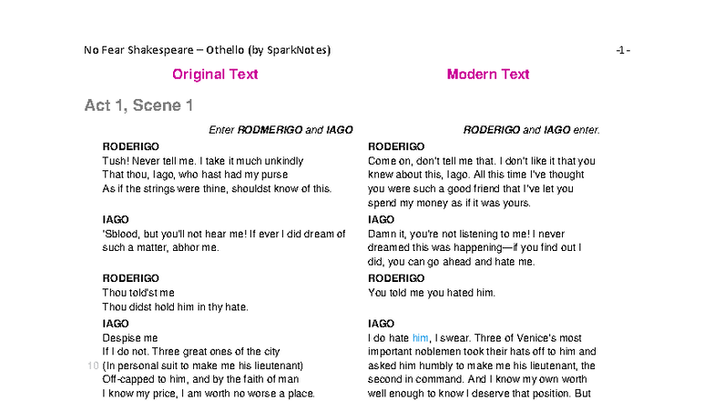 Othello (ENG 201): Modern Text Adaptation - Act 1, Scene 1 Analysis ...