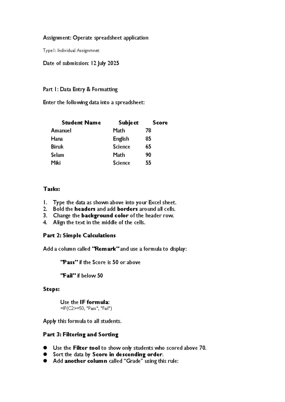 Spreadsheet Application Assignment: Data Entry & Calculations - Studocu