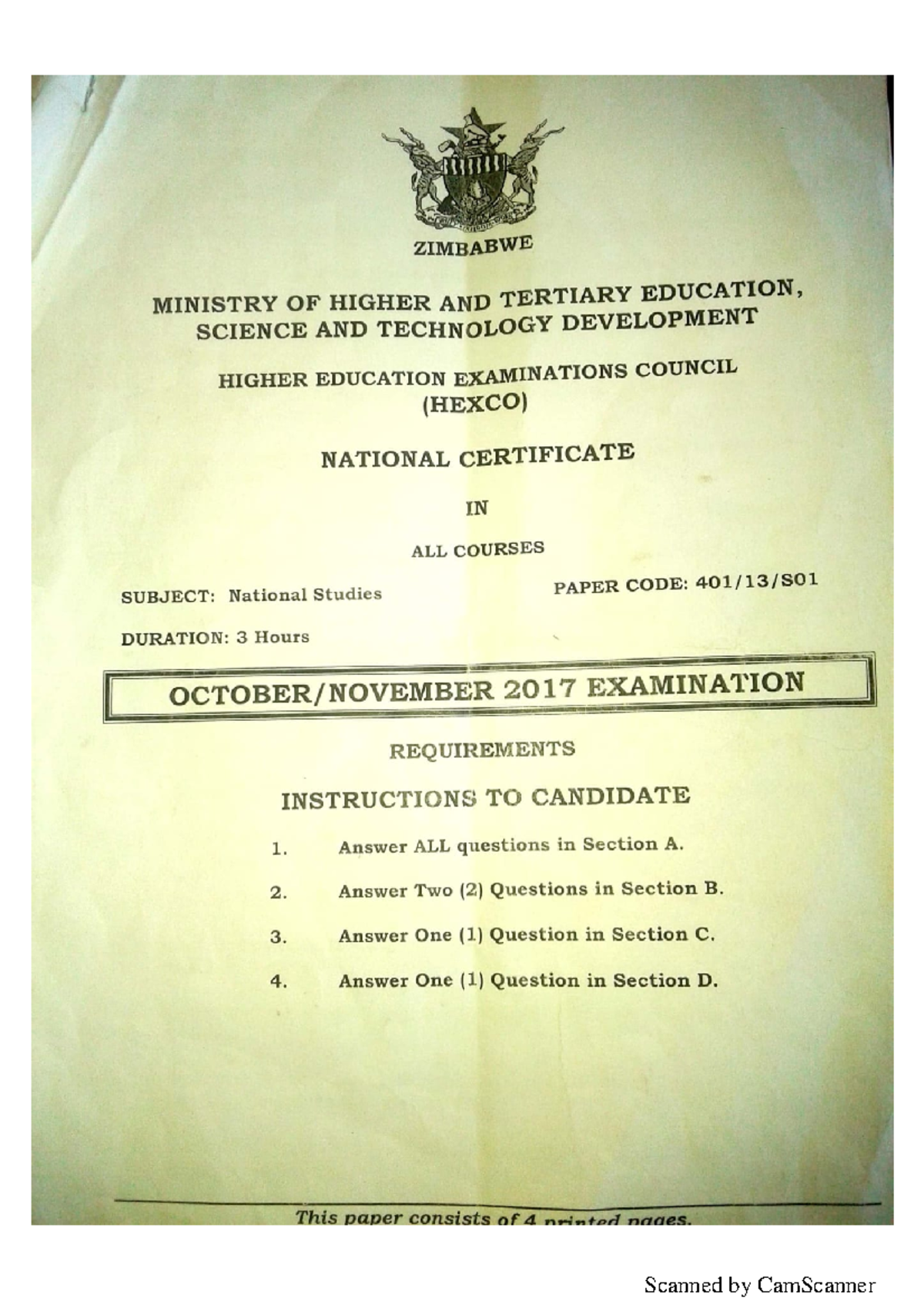 NASS National Studies Exam Paper - November 2017 - Studocu