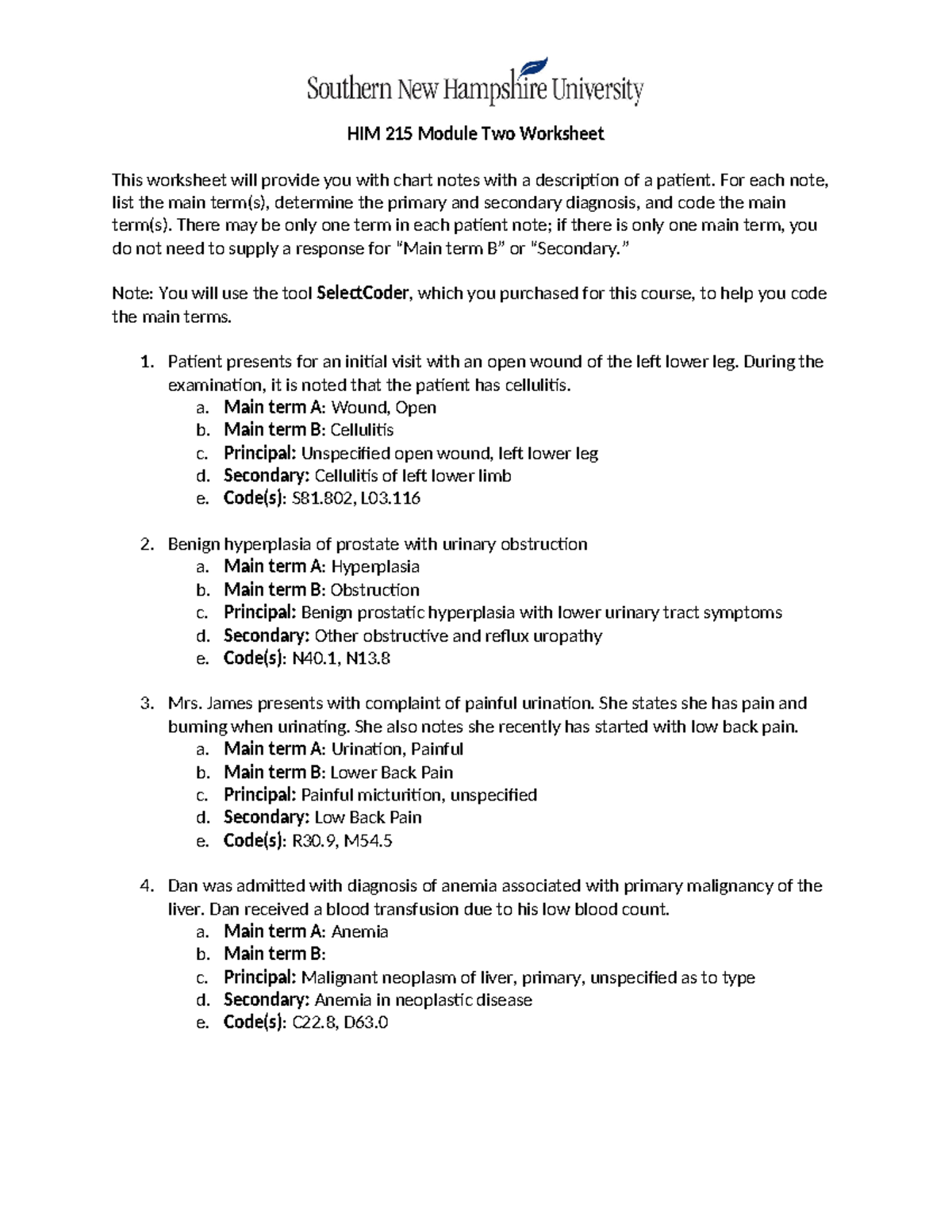HIM 215 Module Two Worksheet: Patient Chart Notes & Coding Tasks - Studocu