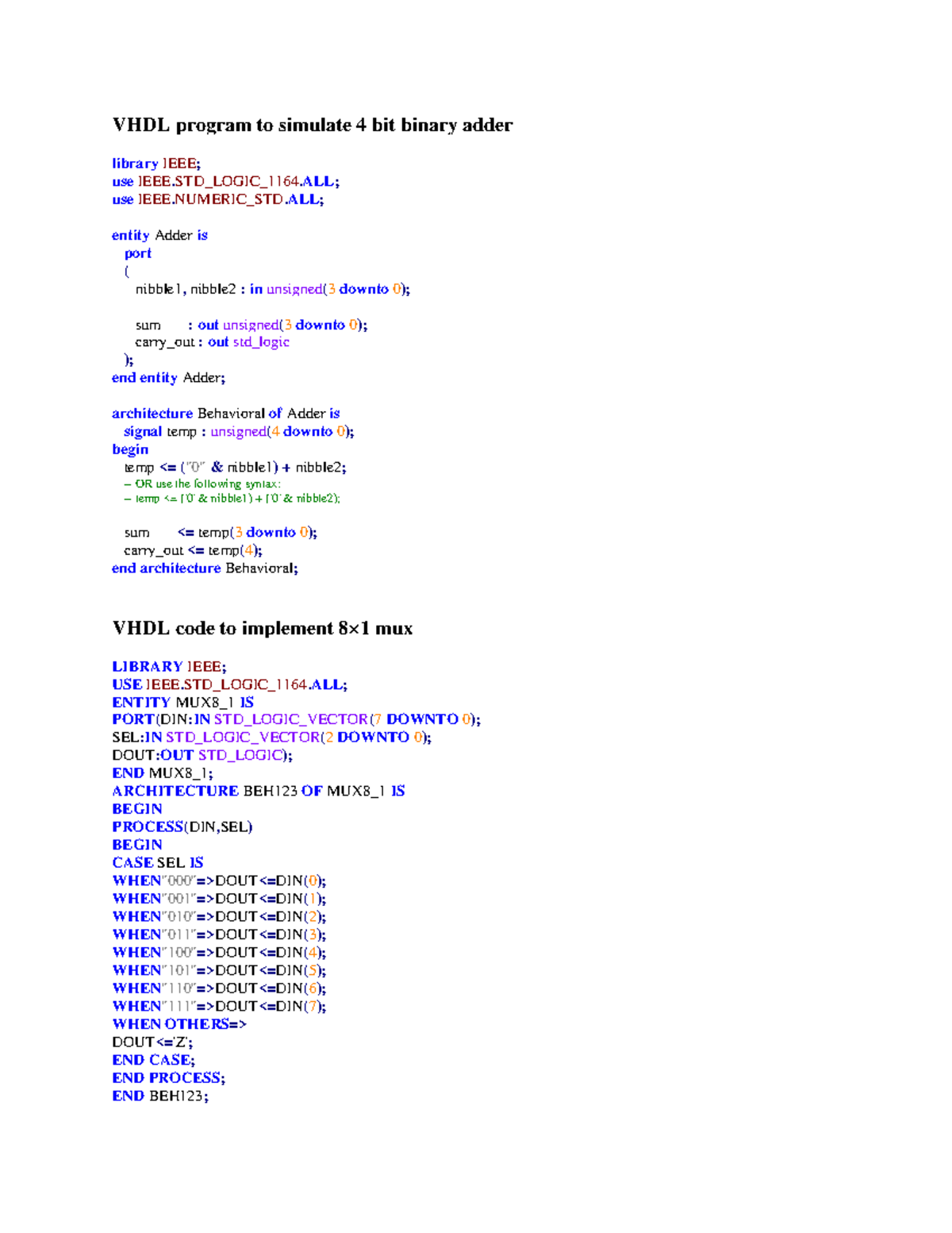 VHDL Programming Concepts and Examples: 4-Bit Adder, MUX, and More ...