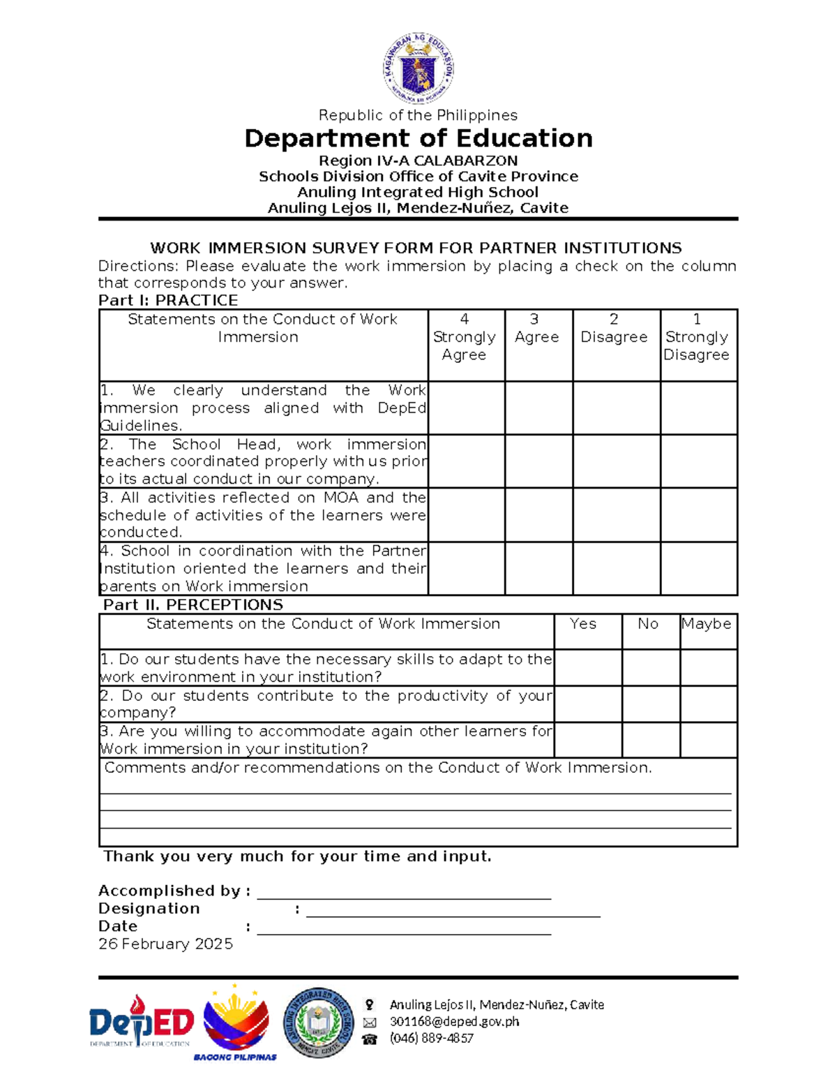 Work Immersion Survey (301168) for Partner Institutions Evaluation ...