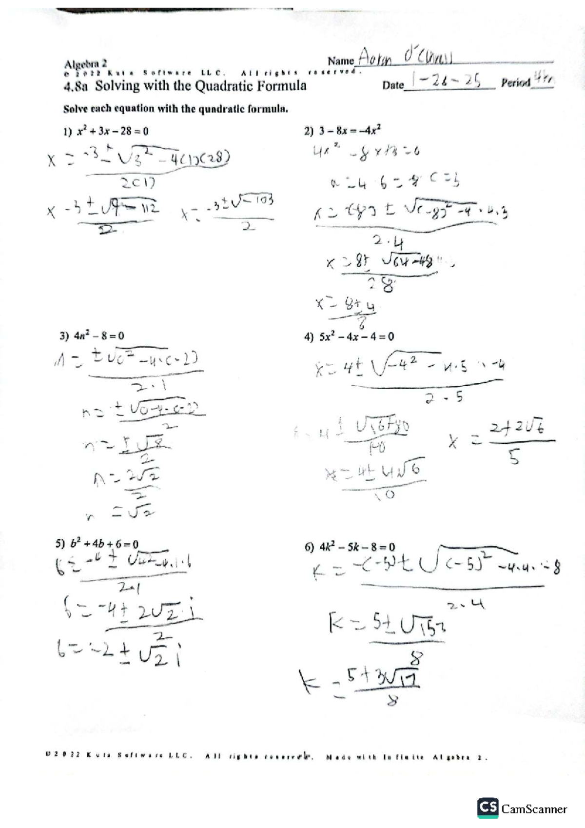 Algebra 2 Assignment: Solving Quadratic Equations with Formula - Studocu
