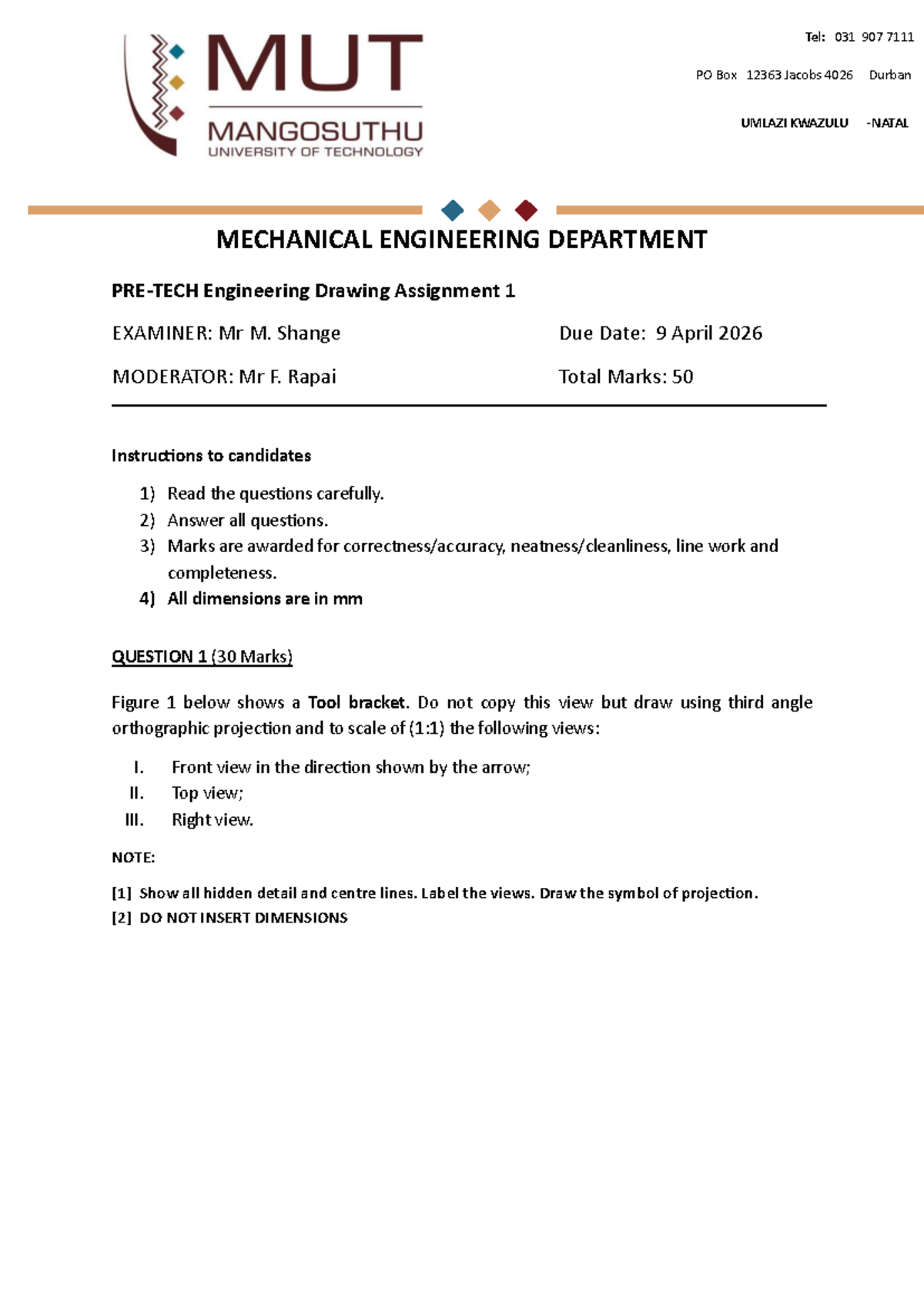 UMLAZI MECHANICAL ENGINEERING: Engineering Drawing Assignment 1 - Studocu