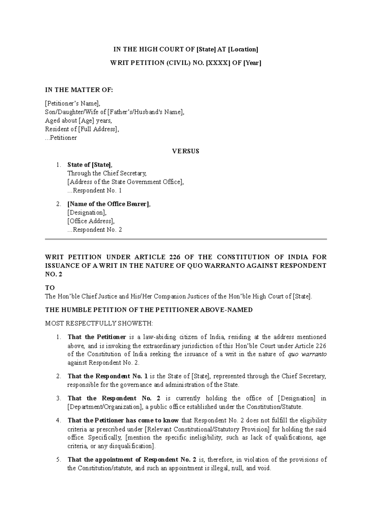 Writ Petition (Civil) No. [XXXX] for Quo Warranto Relief in [State ...