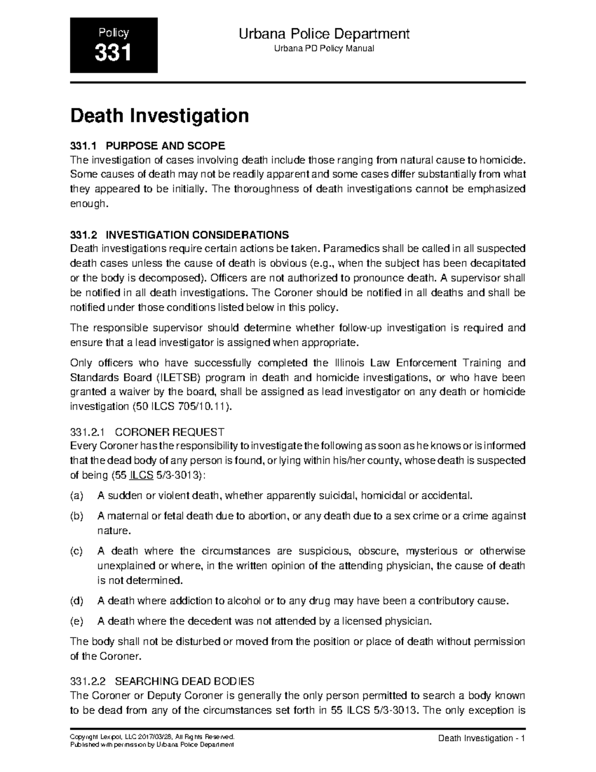 Urbana PD Policy Manual: Death Investigation Guidelines 331 - Studocu