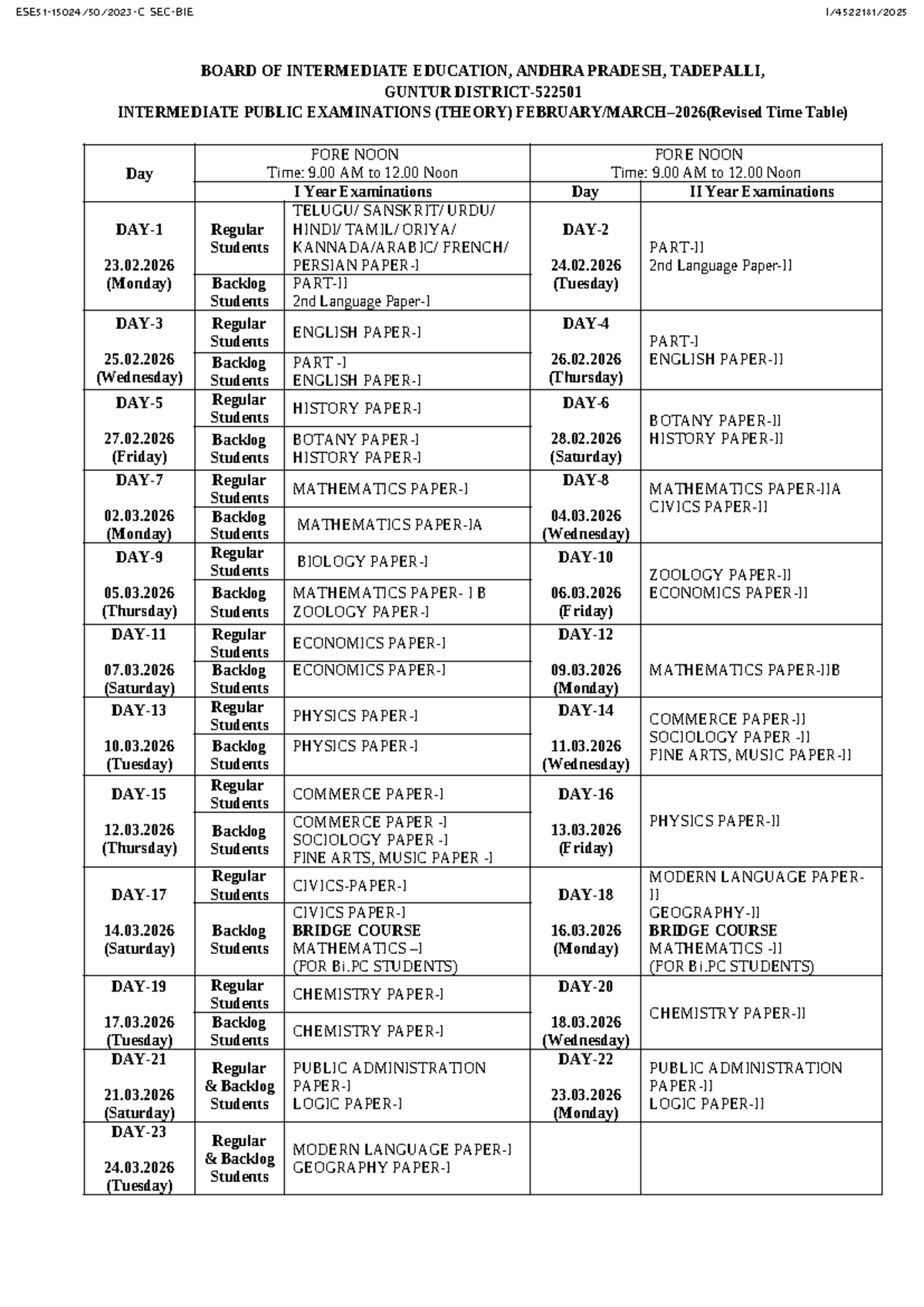 IPE 2026 Time Table for Intermediate Public Examinations - Studocu