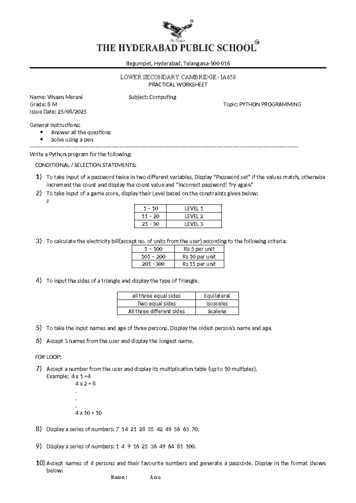 IA658 Lower Secondary Computing Practical Worksheet: Python Programming ...