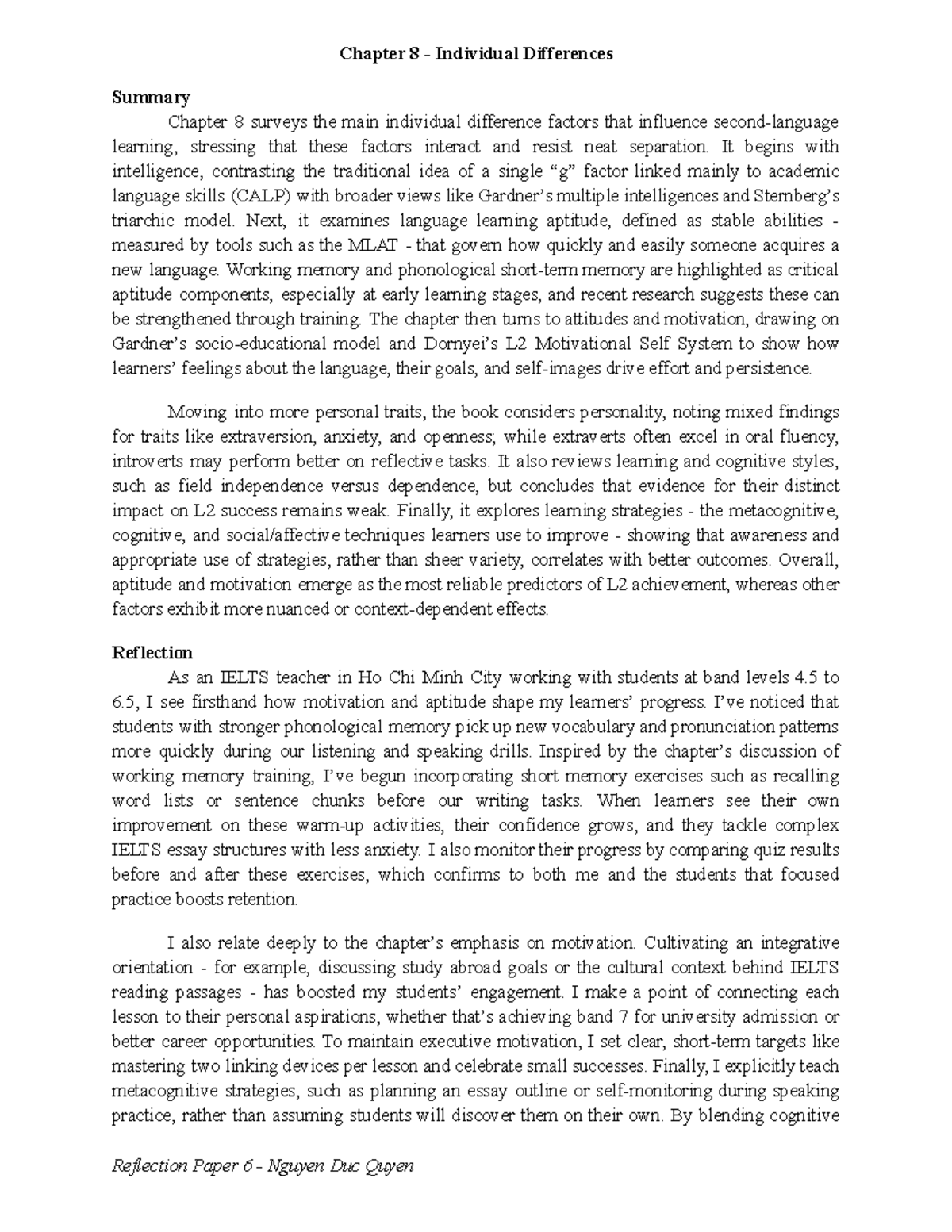 SLA 6: Chapter 8 Summary on Individual Differences in Learning - Studocu