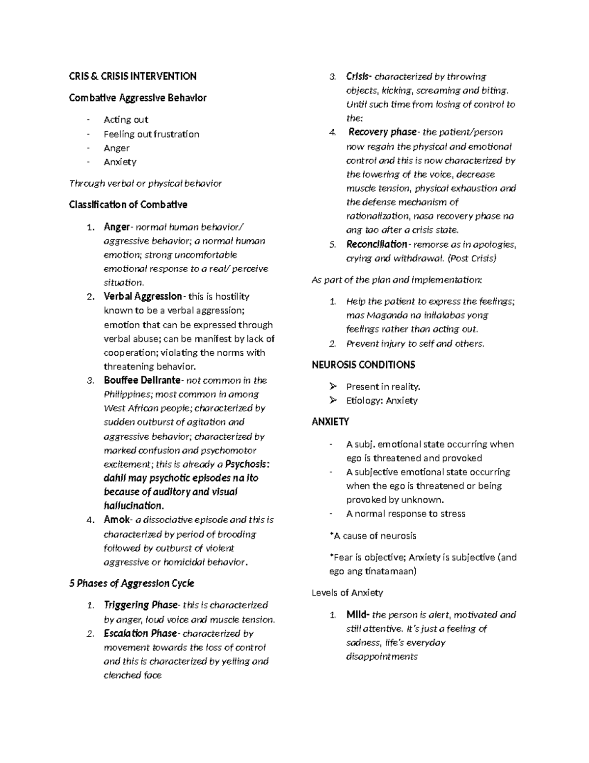 CRIS 101: Understanding Combative Behavior and Anxiety Disorders - Studocu
