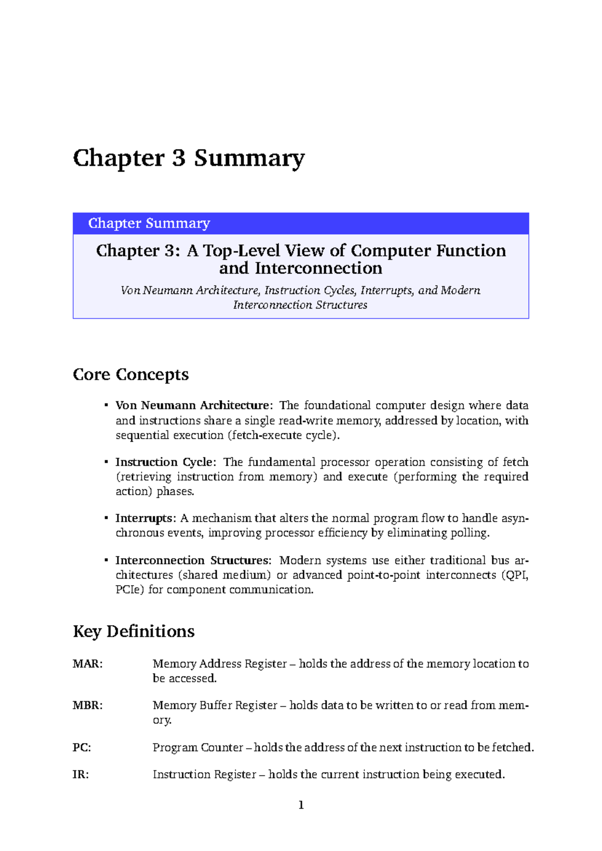 Chapter 3 Summary: Computer Function, Von Neumann Architecture ...
