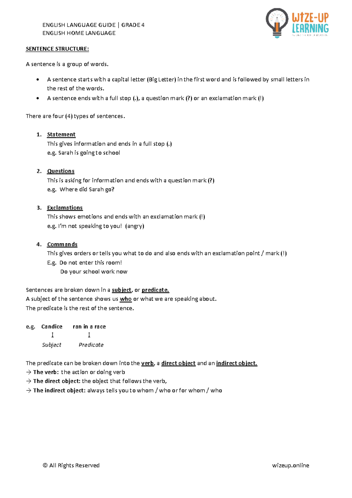 Grade 4 English Home Language Guide: Sentence Structure & More - Studocu
