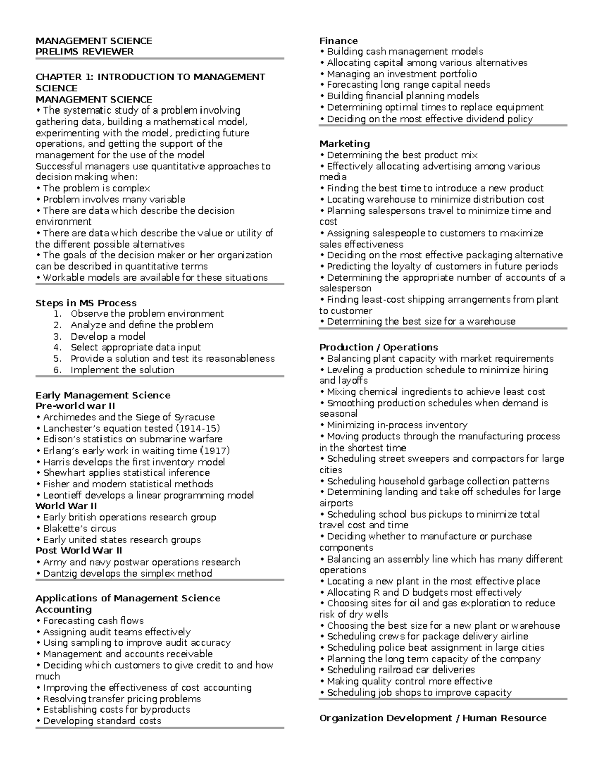 MANAGEMENT SCIENCE PRELIMS REVIEWER: CHAPTER 1 OVERVIEW - Studocu