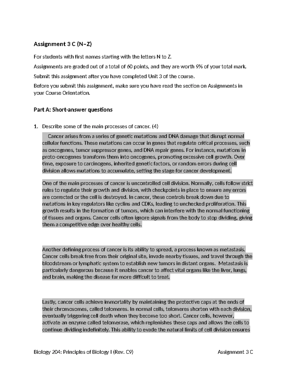 Biology 204: Principles of Biology I - Assignment 3A (A-G) Study Guide ...