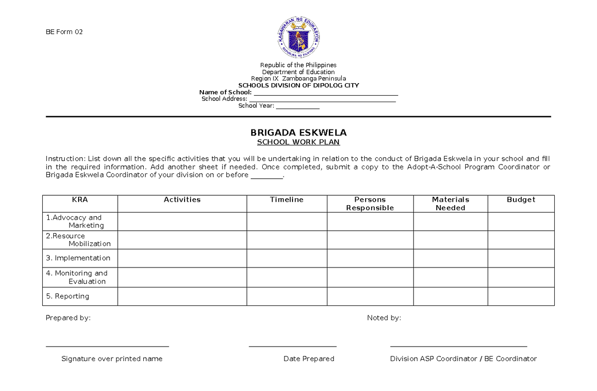 BE Form 02: Brigada Eskwela School Work Plan for Science - Studocu